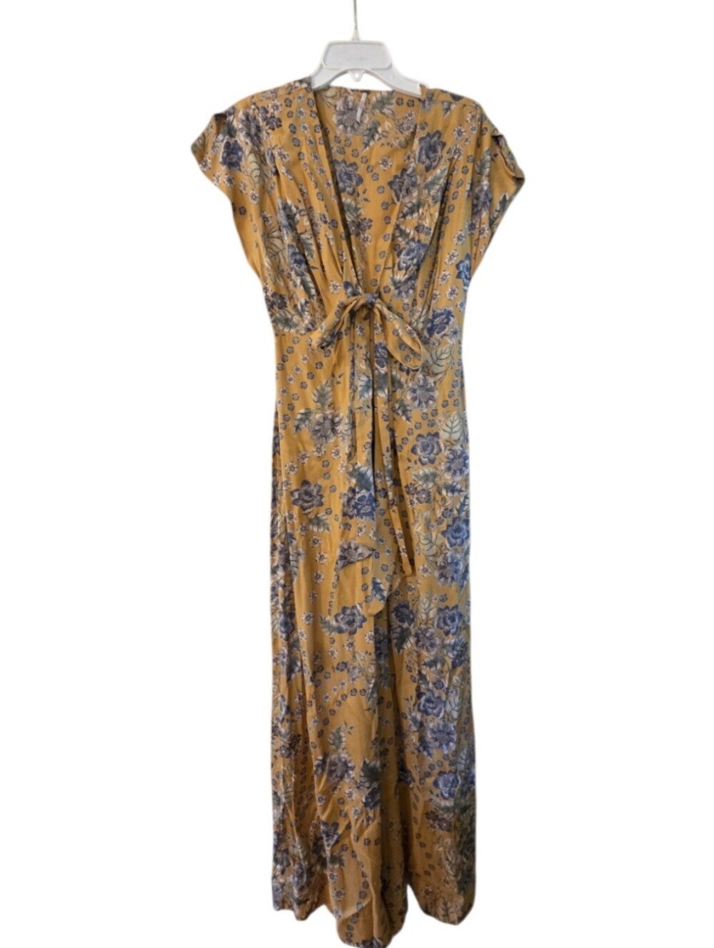 Free People Gold Navy Floral Wide Leg Jumpsuit Deep V Front Boho Y2k Size Small